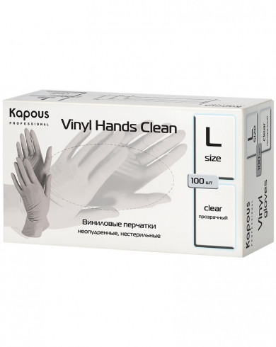 Виниловые перчатки неопудрен, нестер, бытов.назначен Vinyl Hands Clean, прозрачные, 100 шт., L