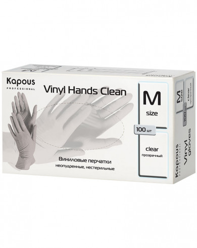 Виниловые перчатки неопудрен, нестер, бытов.назначен Vinyl Hands Clean, прозрачные, 100 шт., M
